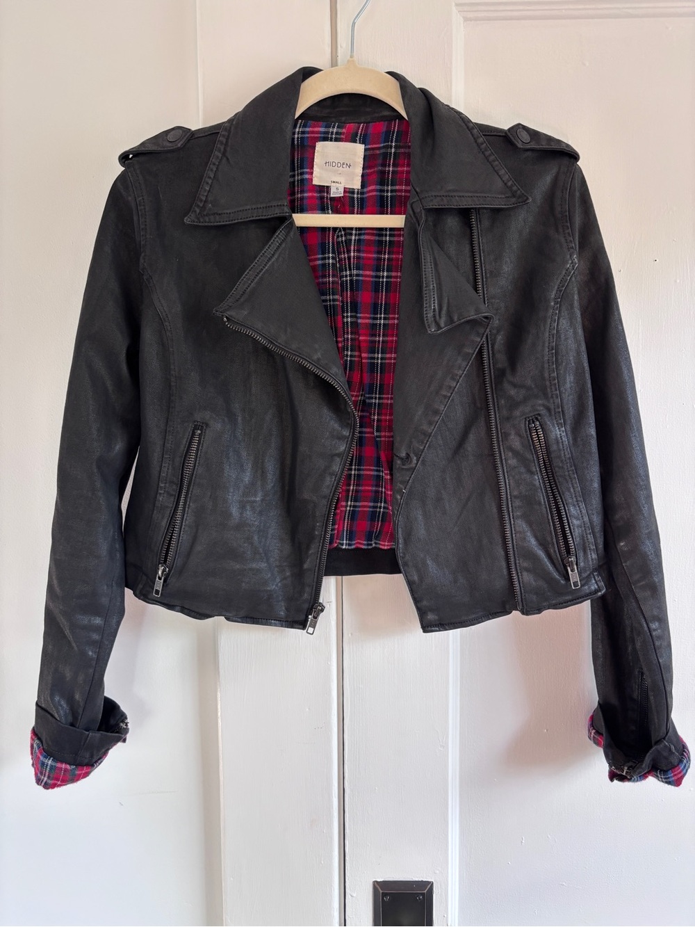 Black Leather Cropped Moto Jacket with Red Plaid Lining
